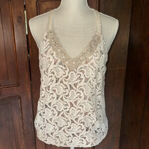Womens BKE Boutique Cream Crochet Paisley  & Sheer Pink Floral, Tank Top‎ Small